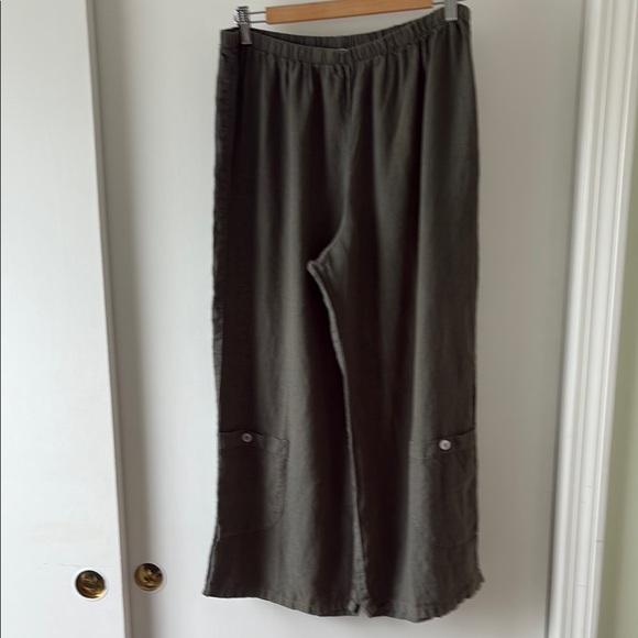 Heaven Lagenlook Wide Leg Cropped Linen Pants in Olive Green L - Picture 1 of 6
